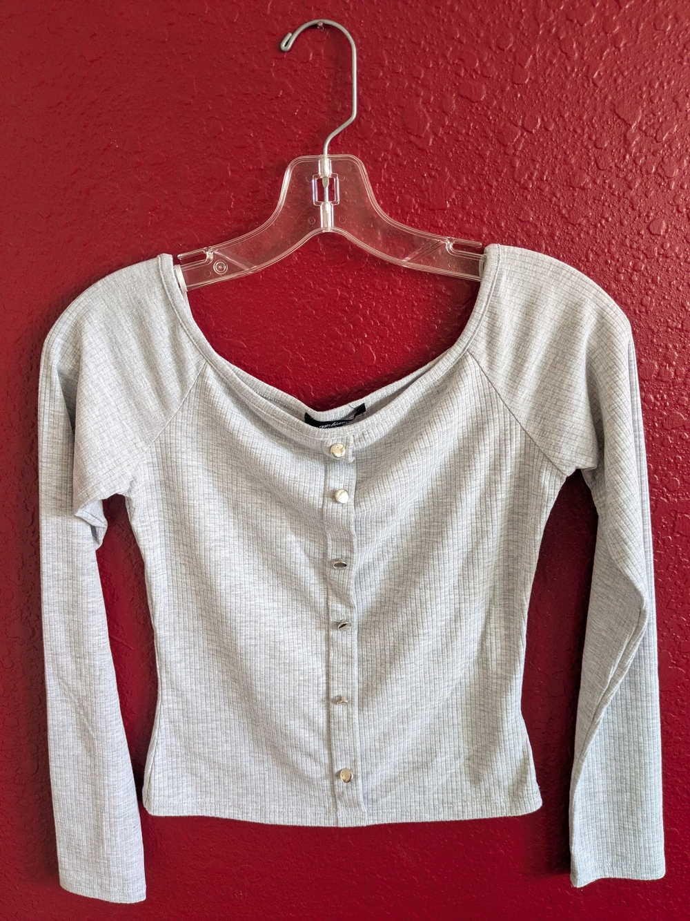 Ambiance Light Gray Ribbed Button-Front Long Sleeve Top